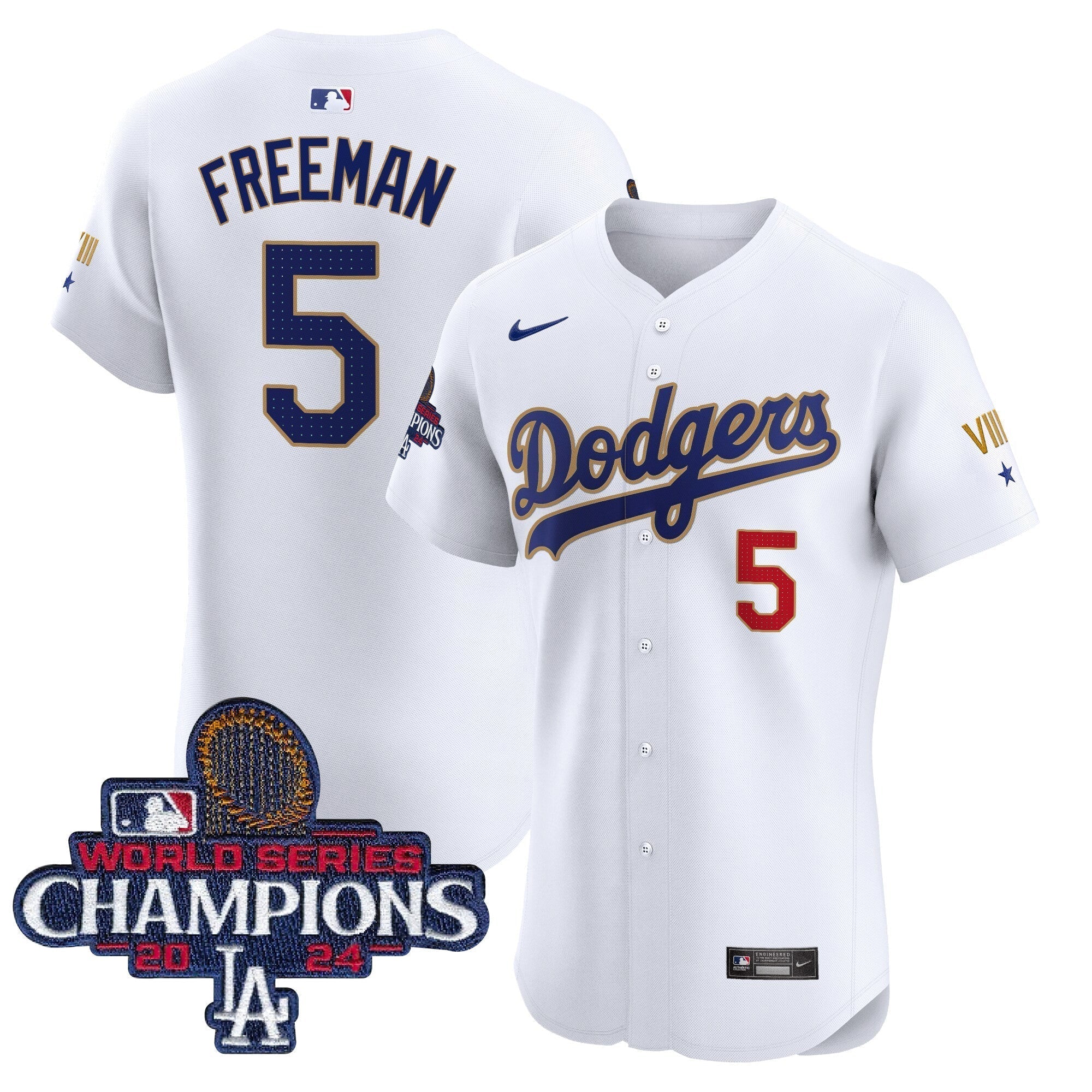 Dodgers 2024 World Series Champions Gold Trim Vapor Premier Elite Jersey V3 - All Stitched