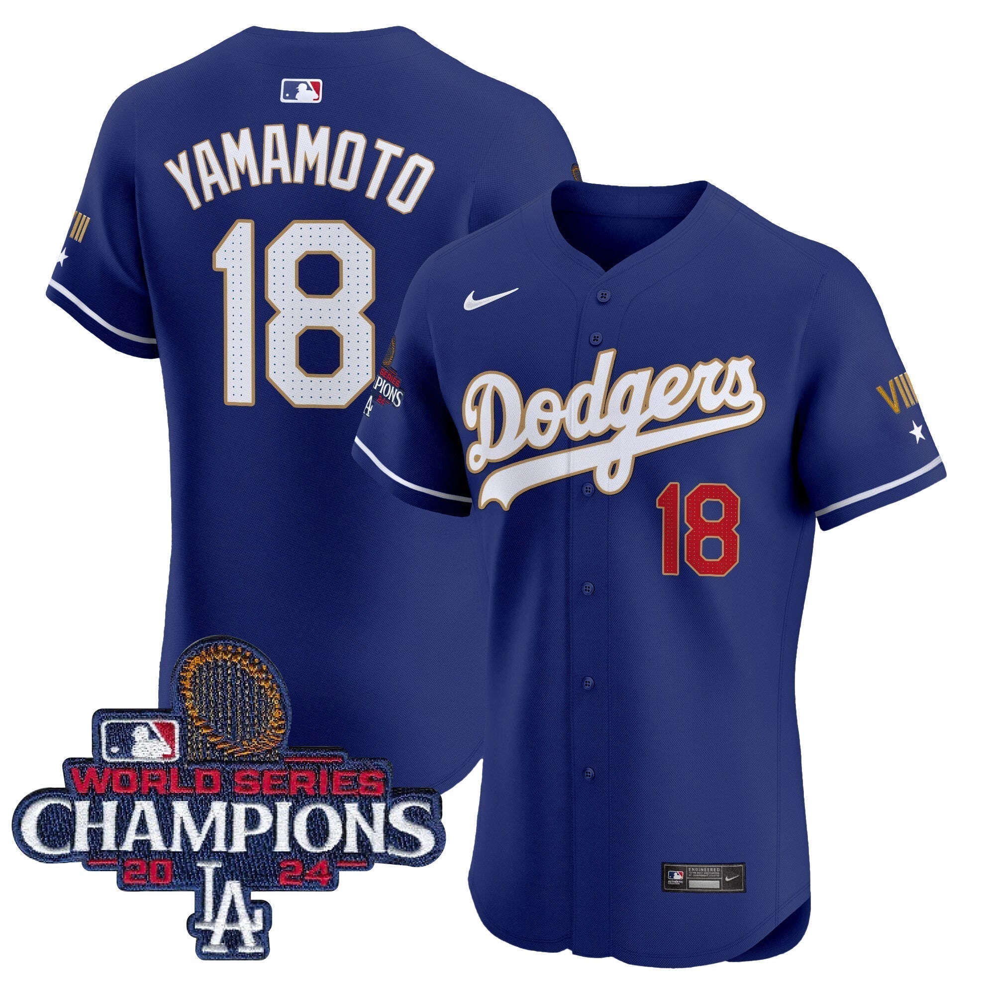 Dodgers 2024 World Series Champions Gold Trim Vapor Premier Elite Jersey V3 - All Stitched