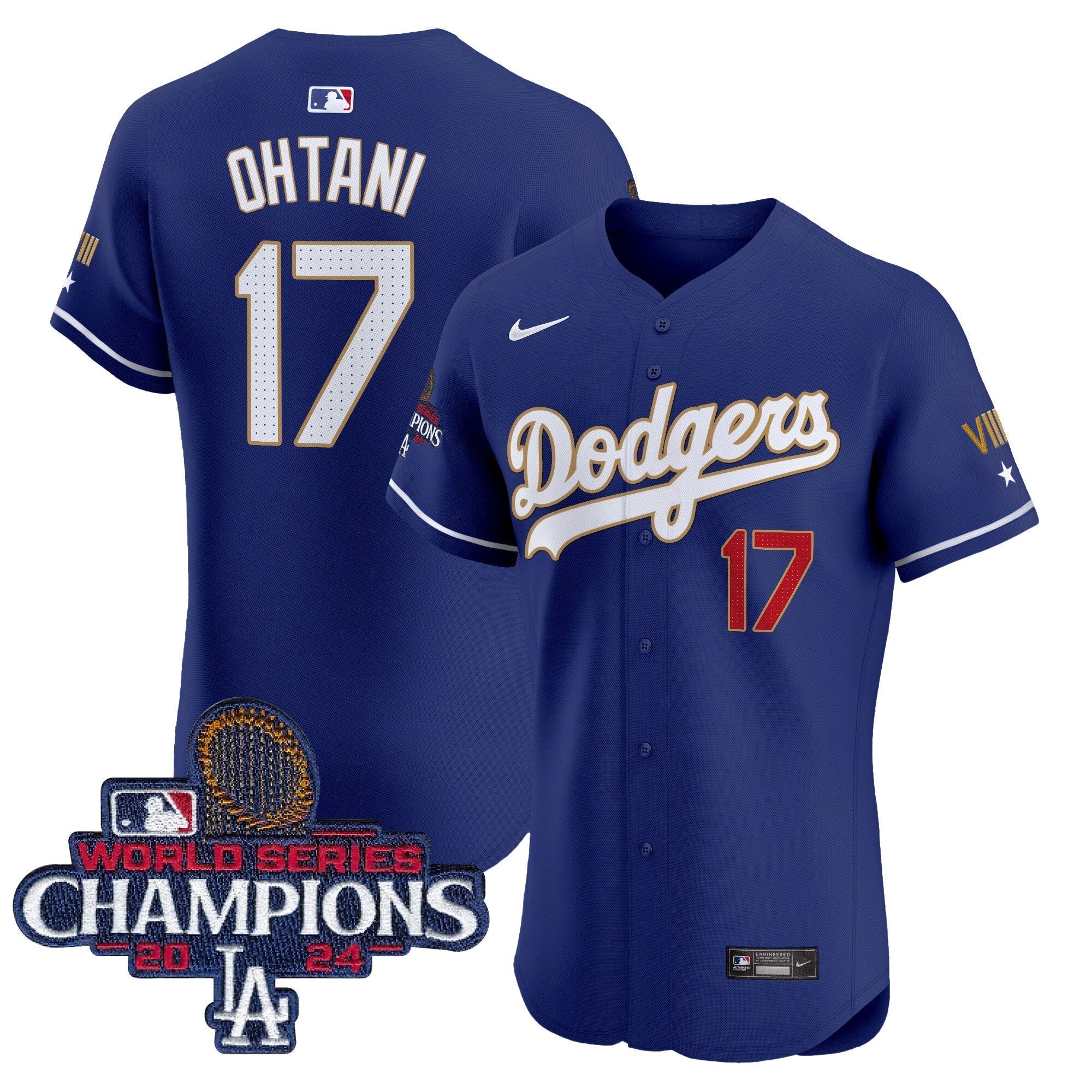 Dodgers 2024 World Series Champions Gold Trim Vapor Premier Elite Jersey V3 - All Stitched
