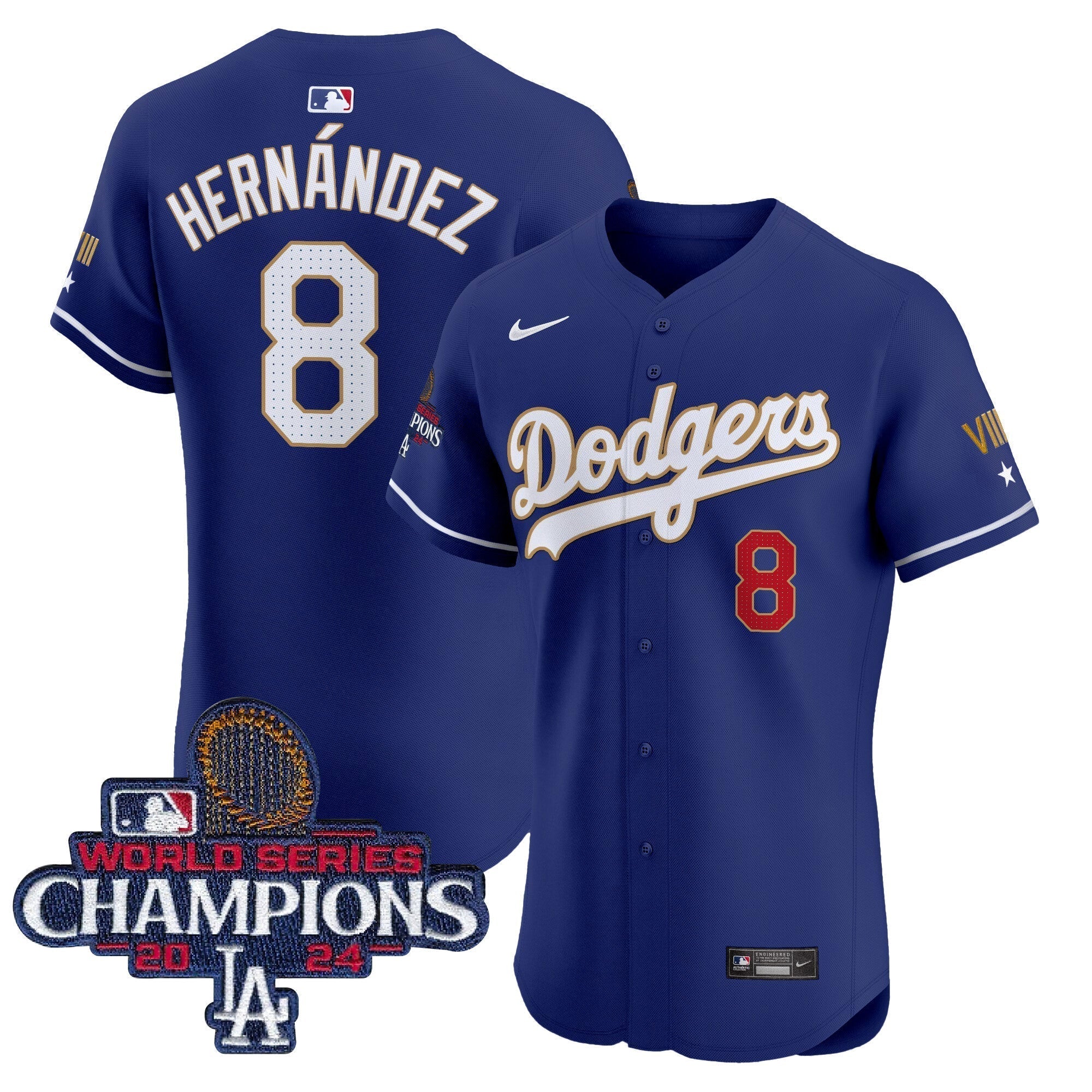 Dodgers 2024 World Series Champions Gold Trim Vapor Premier Elite Jersey V3 - All Stitched