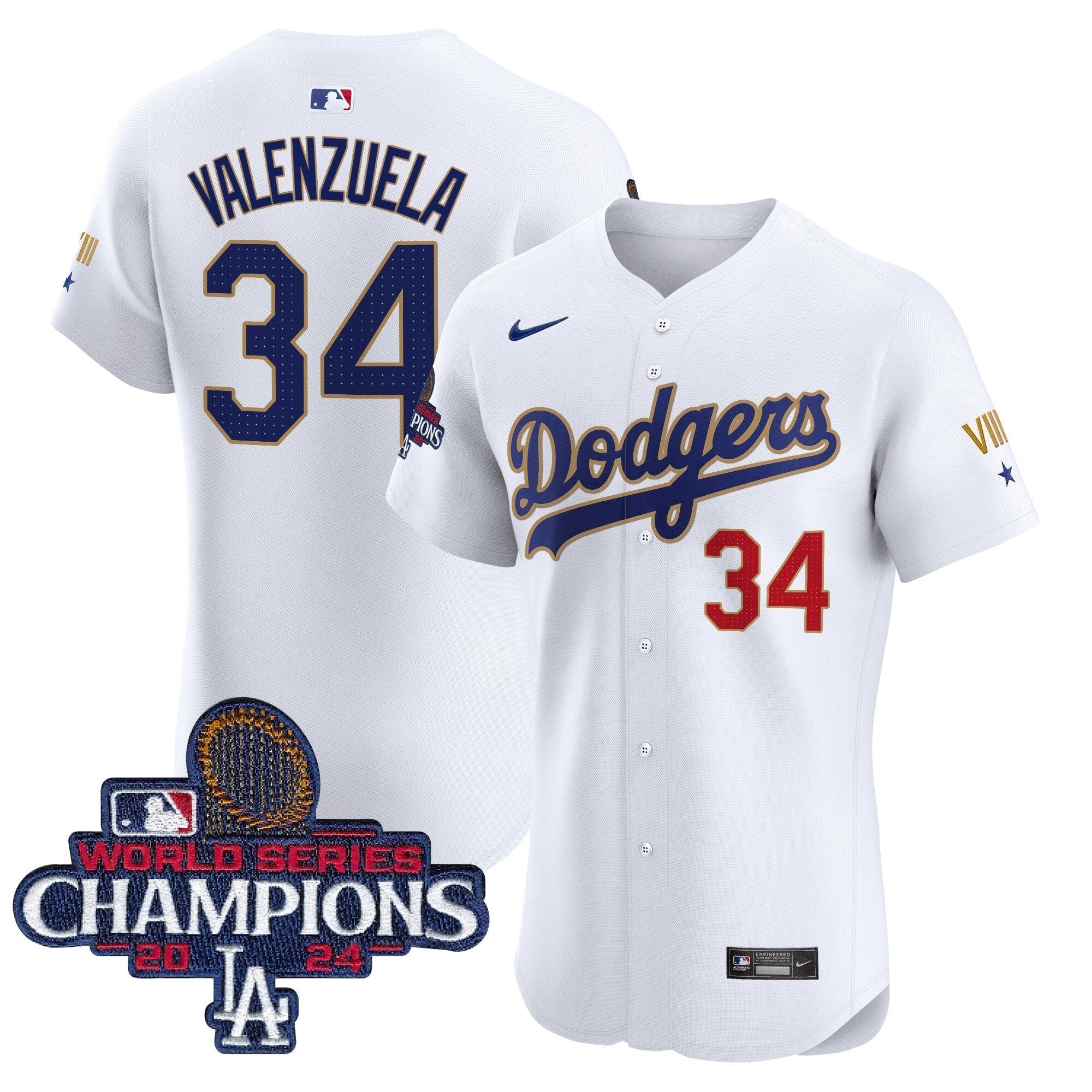 Dodgers 2024 World Series Champions Gold Trim Vapor Premier Elite Jersey V3 - All Stitched