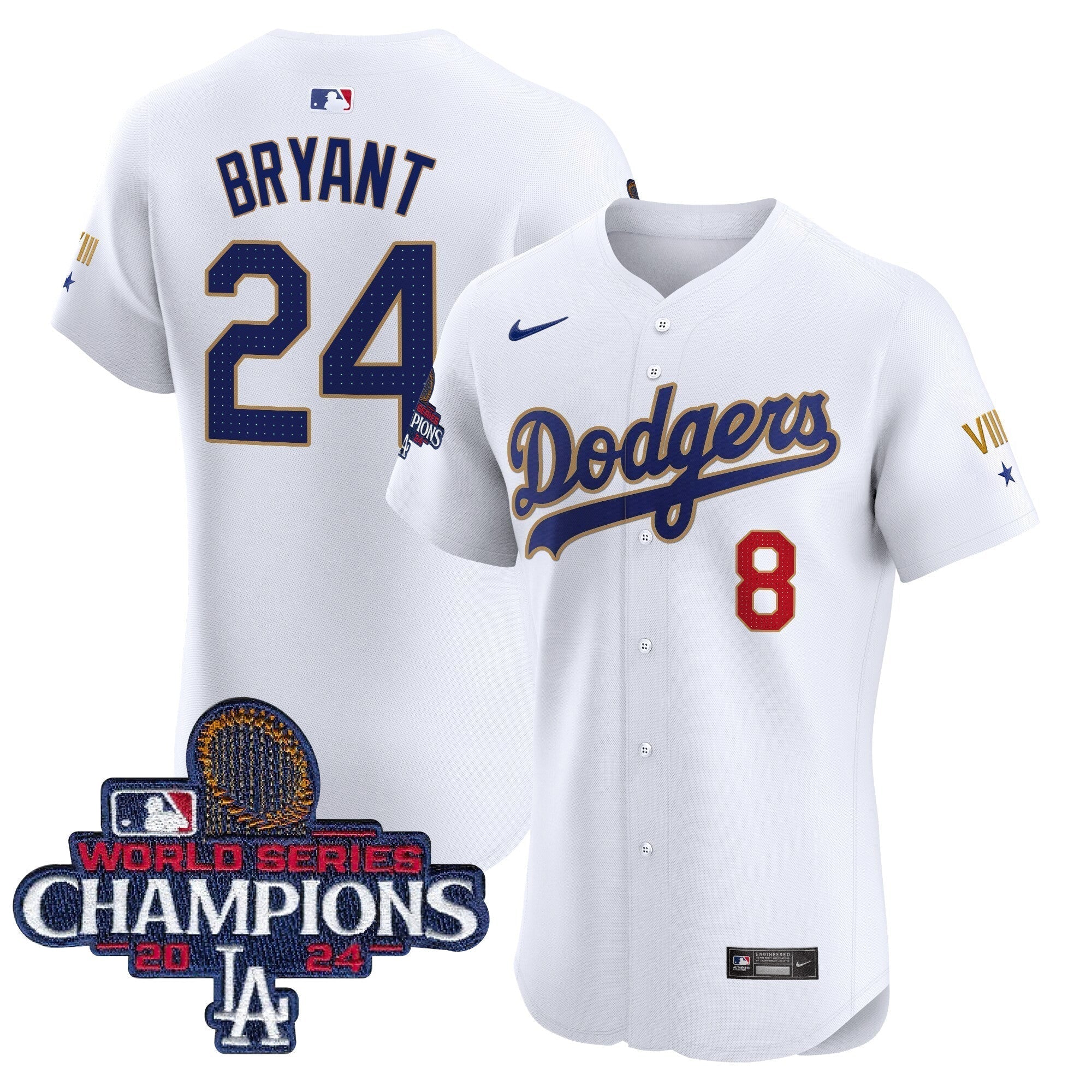 Dodgers 2024 World Series Champions Gold Trim Vapor Premier Elite Jersey V3 - All Stitched