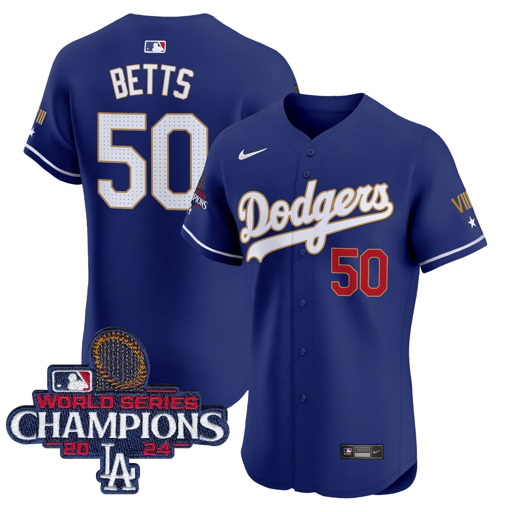 Dodgers 2024 World Series Champions Gold Trim Vapor Premier Elite Jersey V3 - All Stitched