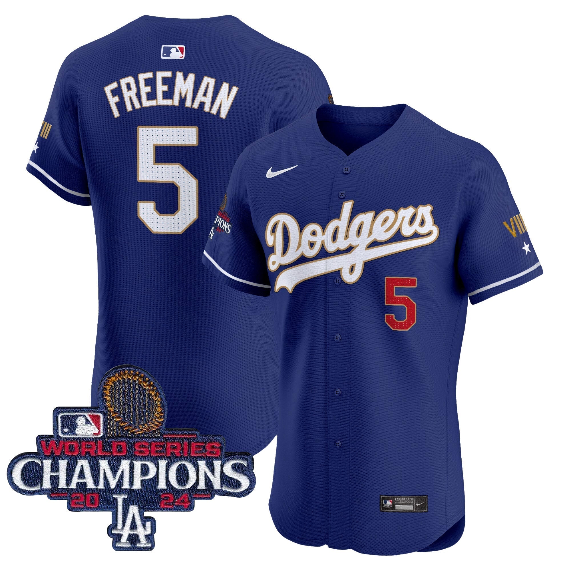 Dodgers 2024 World Series Champions Gold Trim Vapor Premier Elite Jersey V3 - All Stitched