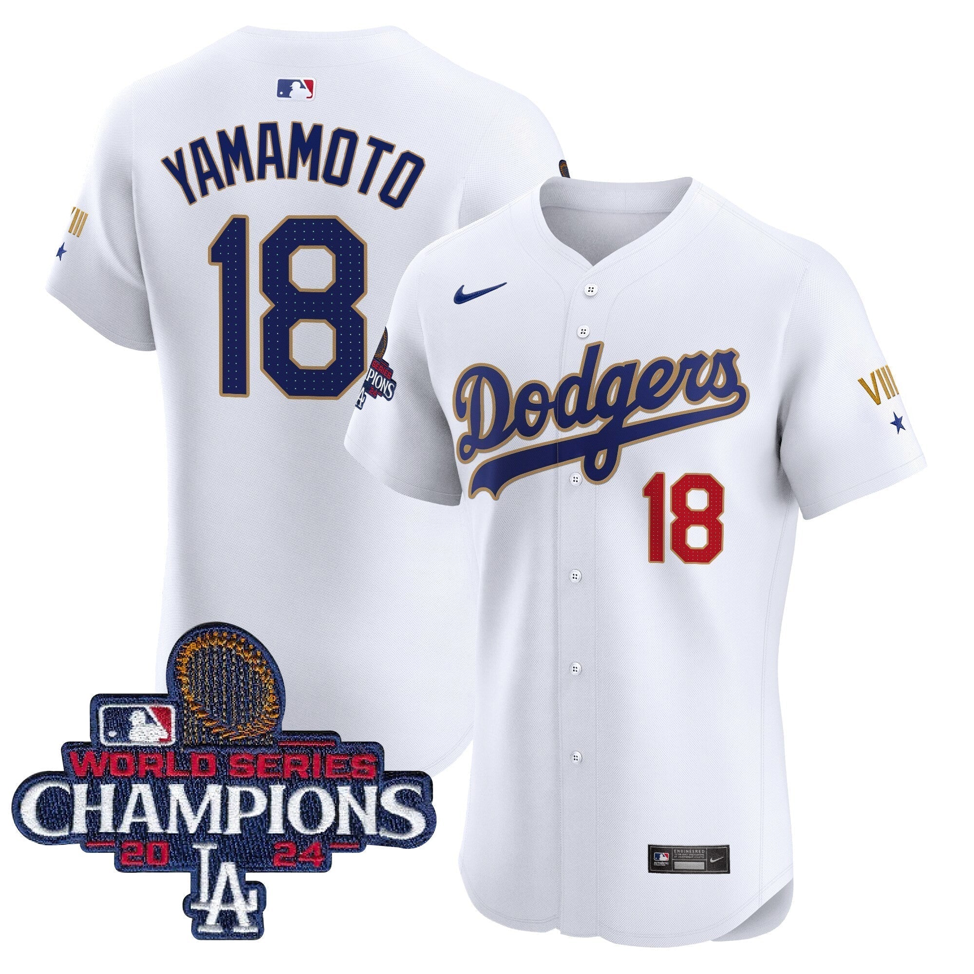 Dodgers 2024 World Series Champions Gold Trim Vapor Premier Elite Jersey V3 - All Stitched