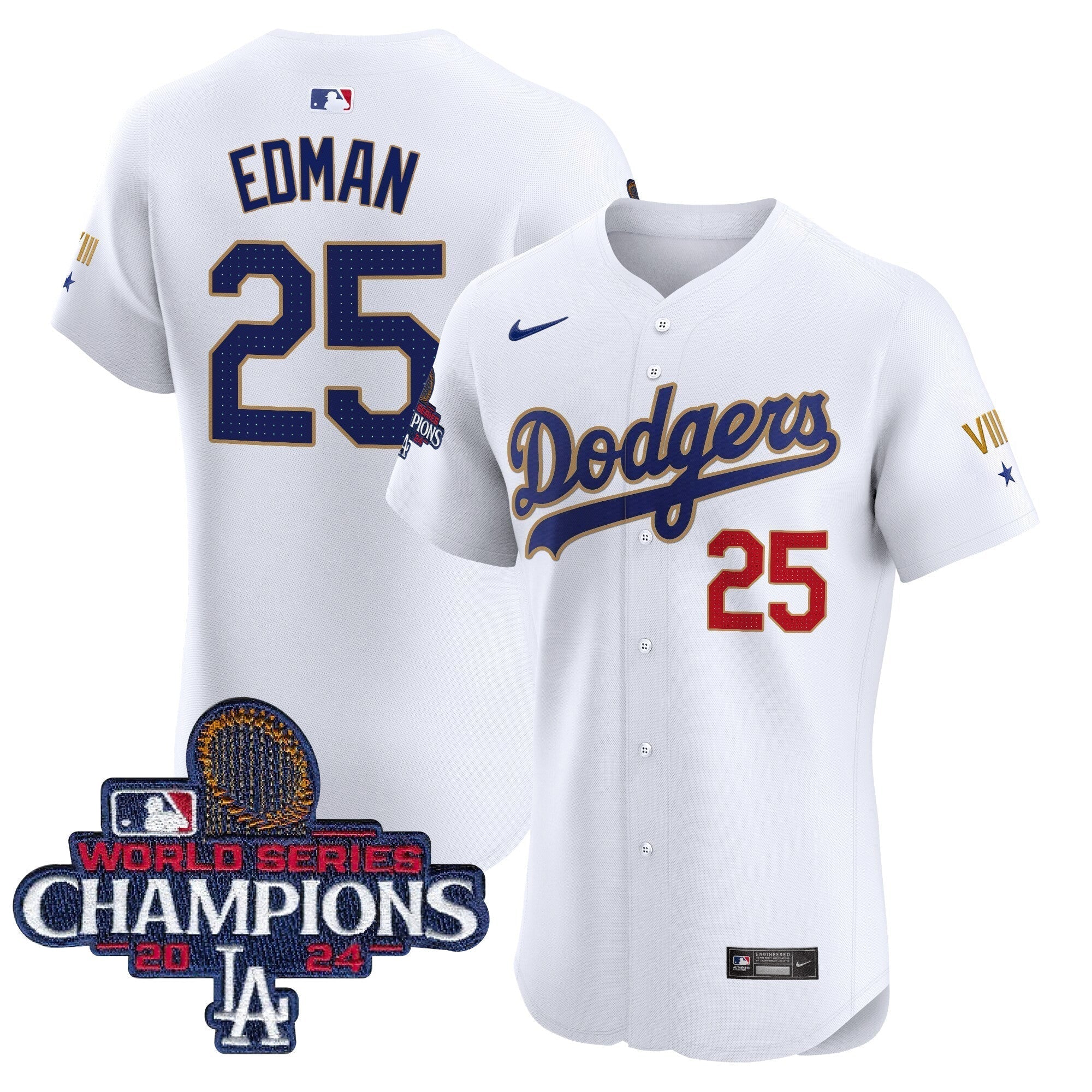 Dodgers 2024 World Series Champions Gold Trim Vapor Premier Elite Jersey V3 - All Stitched