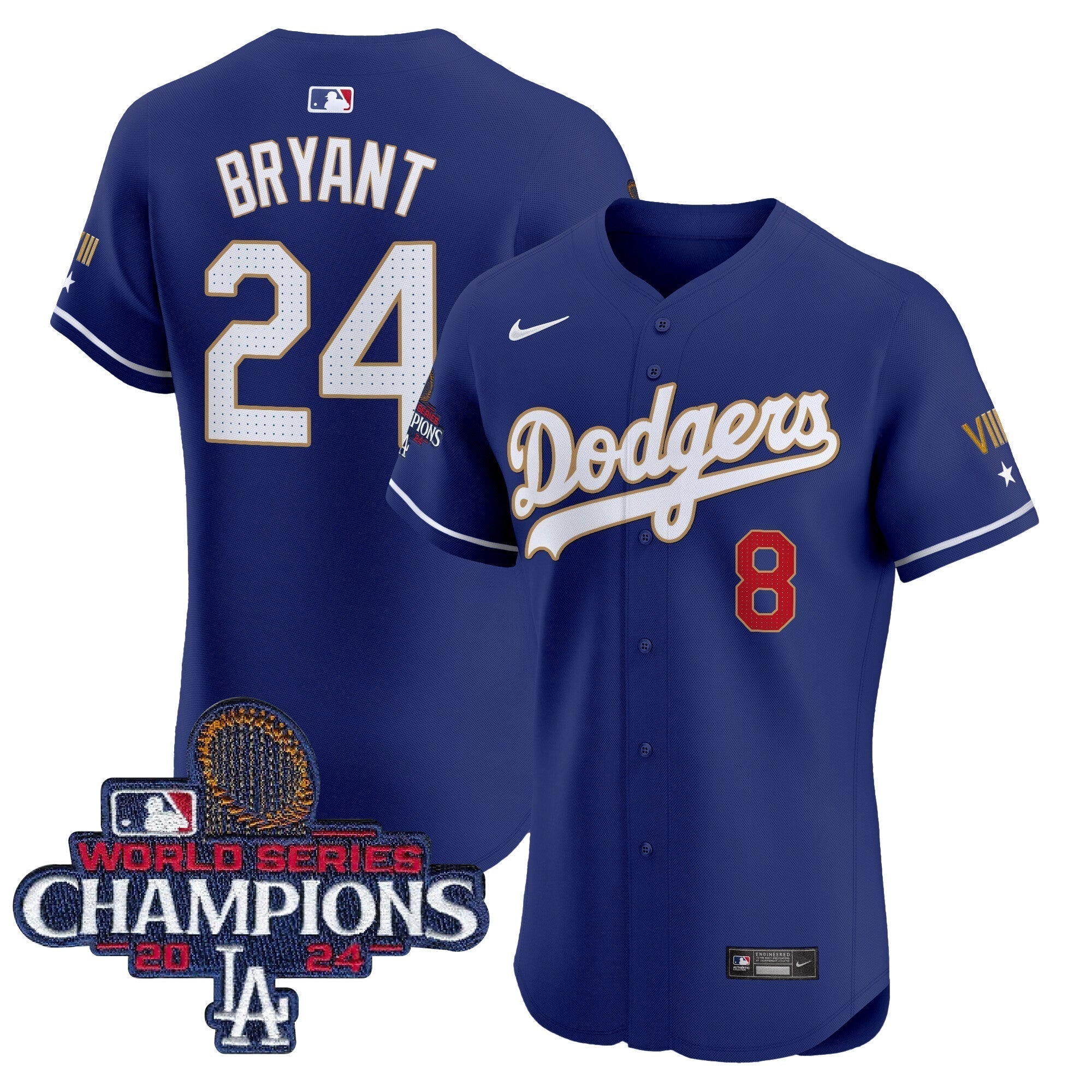 Dodgers 2024 World Series Champions Gold Trim Vapor Premier Elite Jersey V3 - All Stitched
