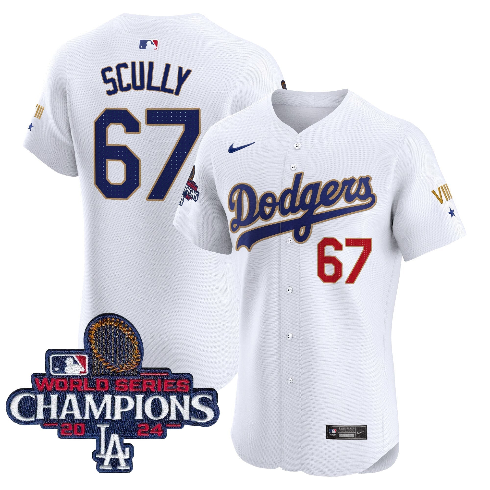 Dodgers 2024 World Series Champions Gold Trim Vapor Premier Elite Jersey V3 - All Stitched