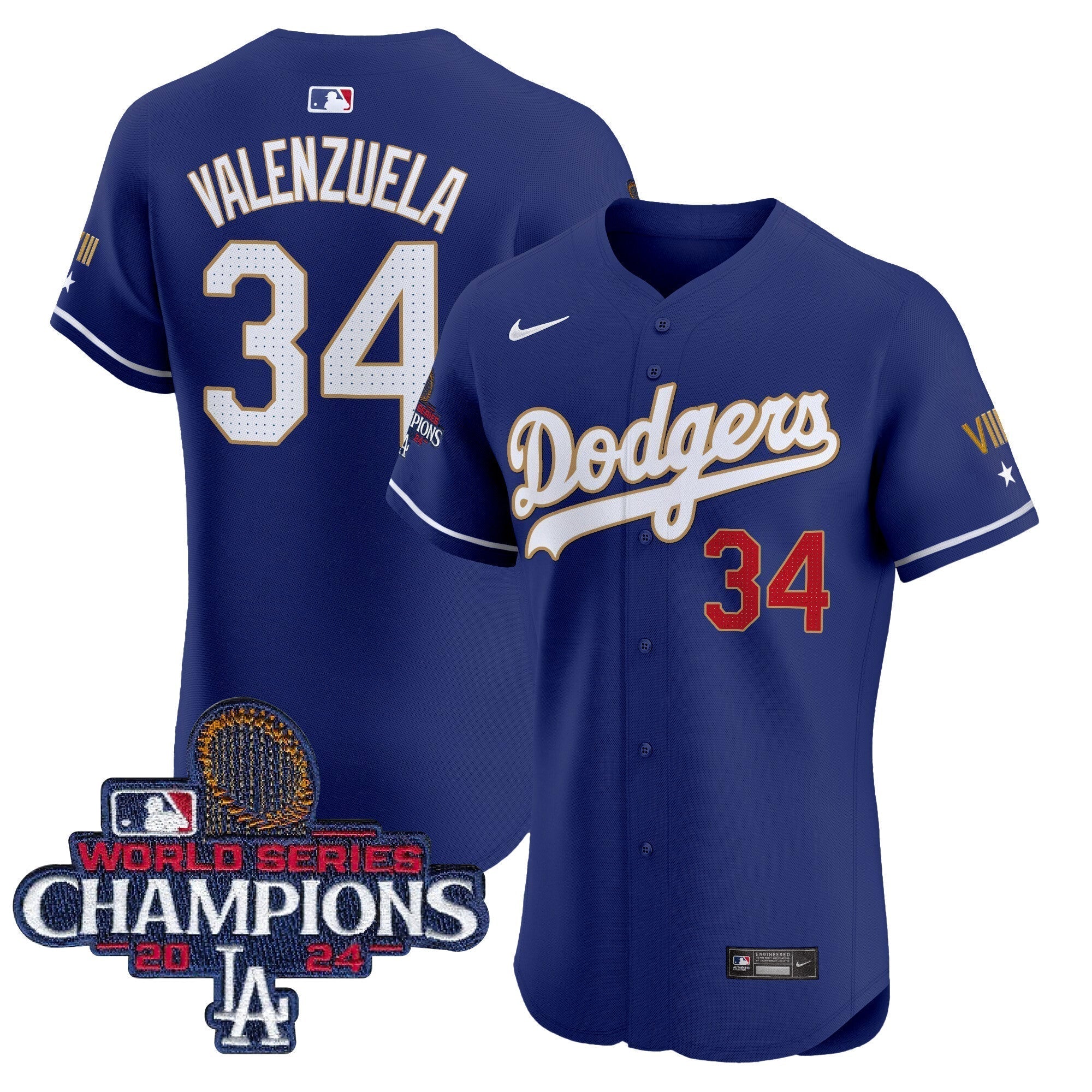 Dodgers 2024 World Series Champions Gold Trim Vapor Premier Elite Jersey V3 - All Stitched