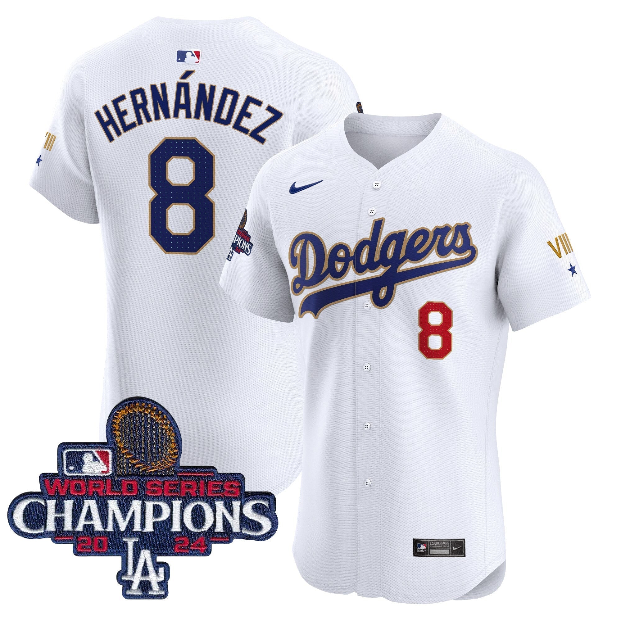 Dodgers 2024 World Series Champions Gold Trim Vapor Premier Elite Jersey V3 - All Stitched