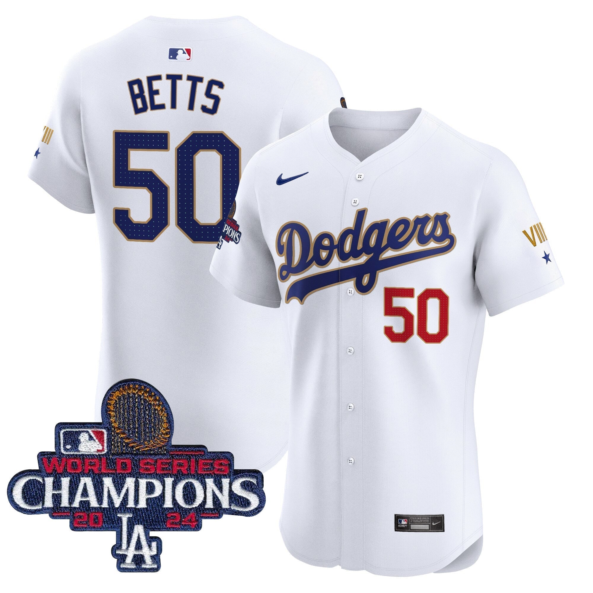 Dodgers 2024 World Series Champions Gold Trim Vapor Premier Elite Jersey V3 - All Stitched