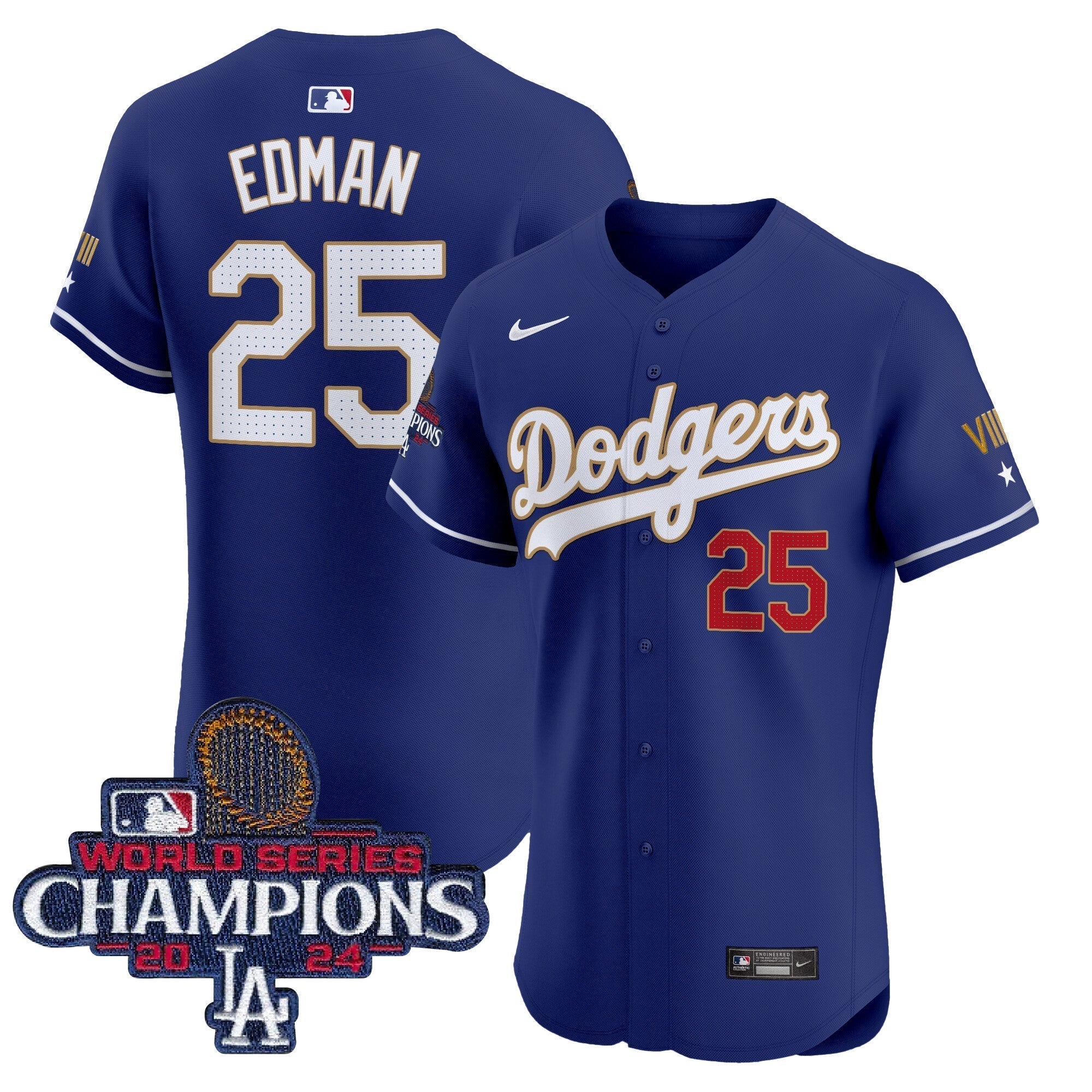 Dodgers 2024 World Series Champions Gold Trim Vapor Premier Elite Jersey V3 - All Stitched