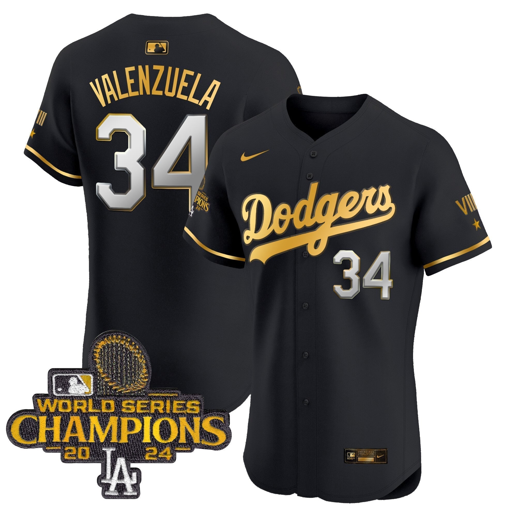 Dodgers 2024 World Series Champions Gold Trim Vapor Premier Elite Jersey V3 - All Stitched