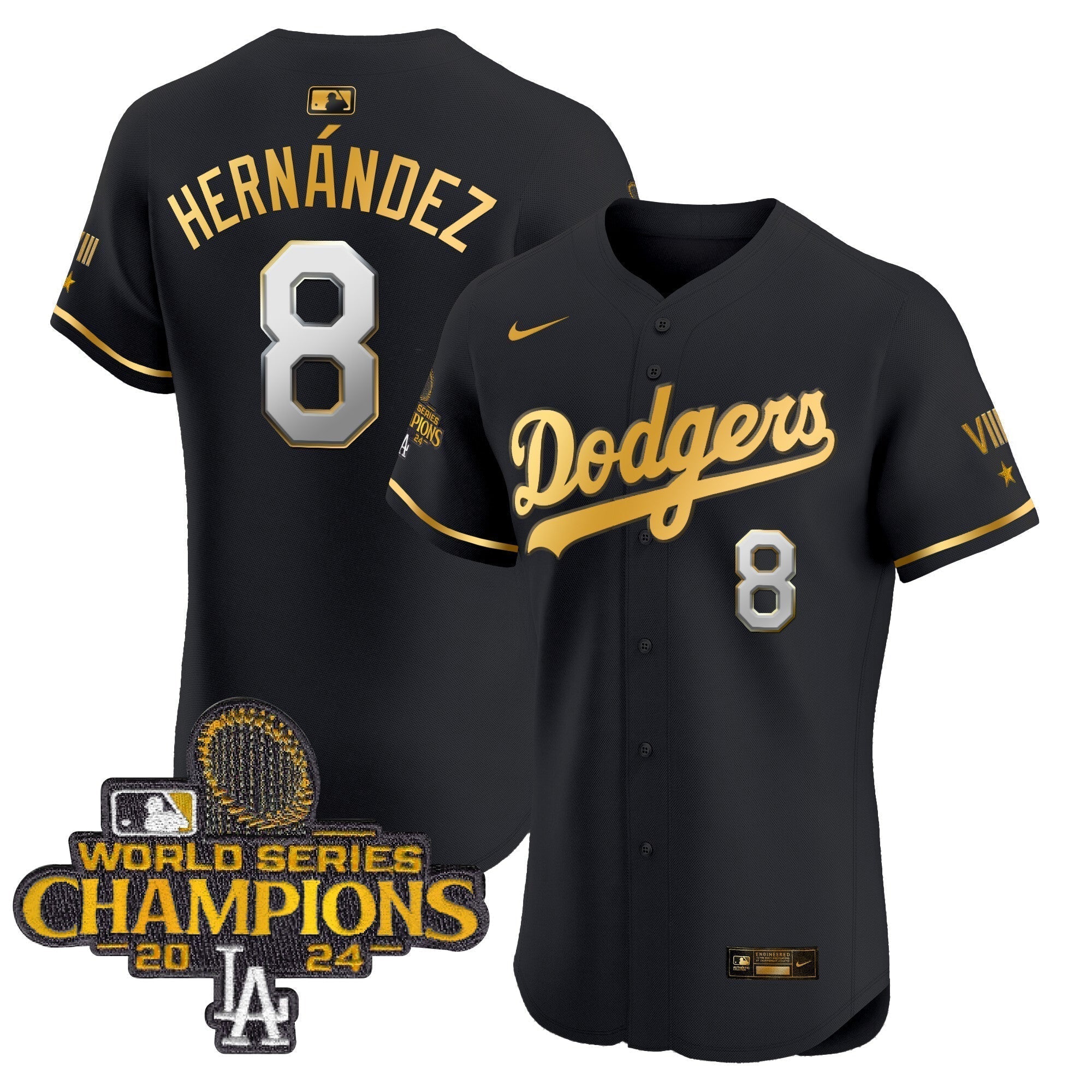 Dodgers 2024 World Series Champions Gold Trim Vapor Premier Elite Jersey V3 - All Stitched