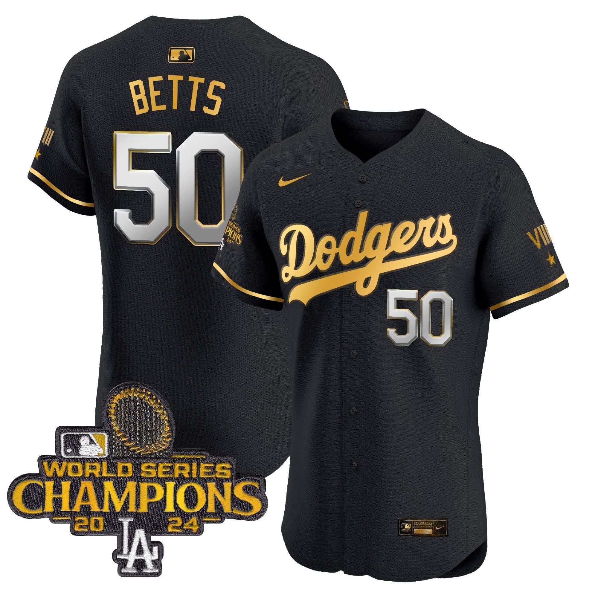Dodgers 2024 World Series Champions Gold Trim Vapor Premier Elite Jersey V3 - All Stitched