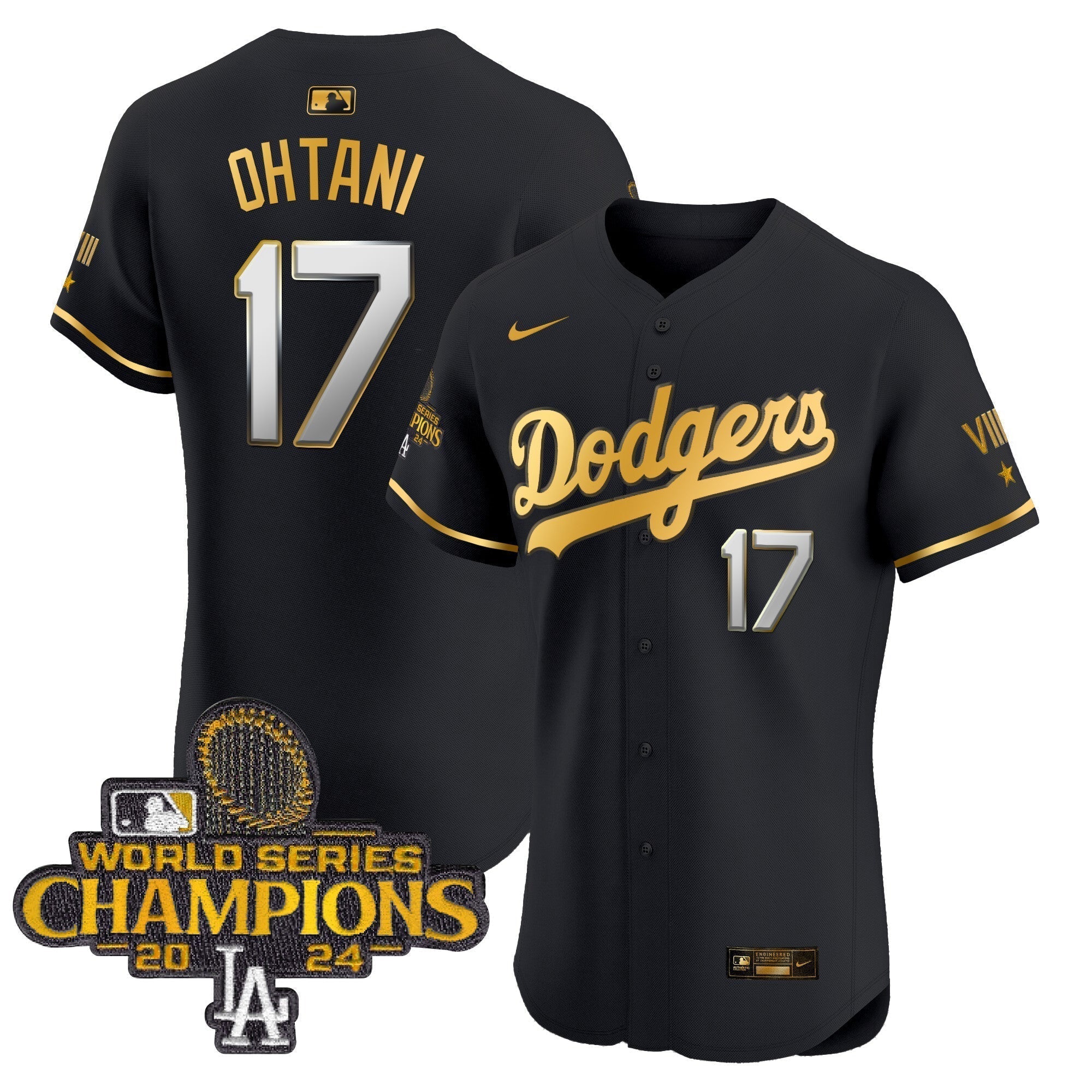 Dodgers 2024 World Series Champions Gold Trim Vapor Premier Elite Jersey V3 - All Stitched