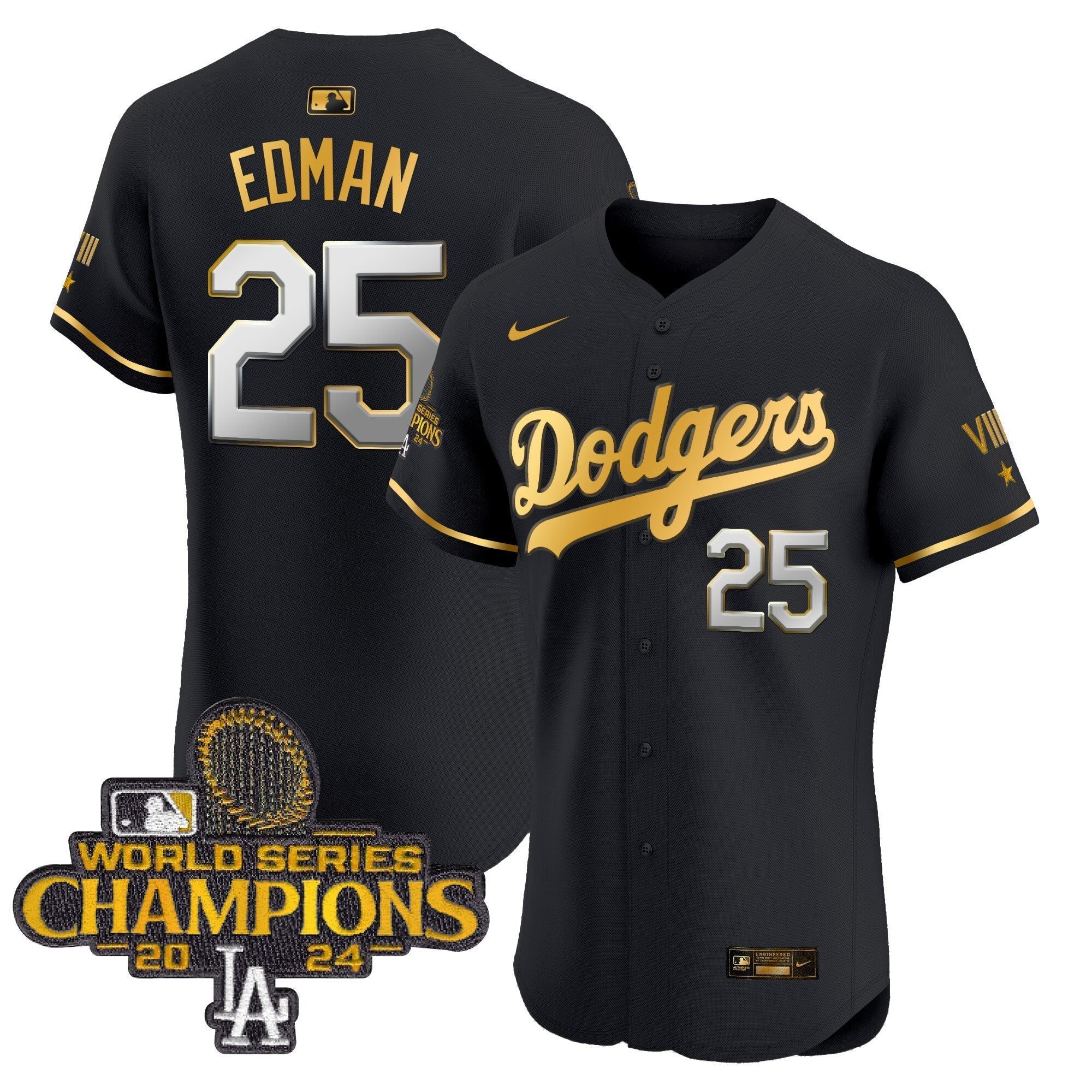 Dodgers 2024 World Series Champions Gold Trim Vapor Premier Elite Jersey V3 - All Stitched