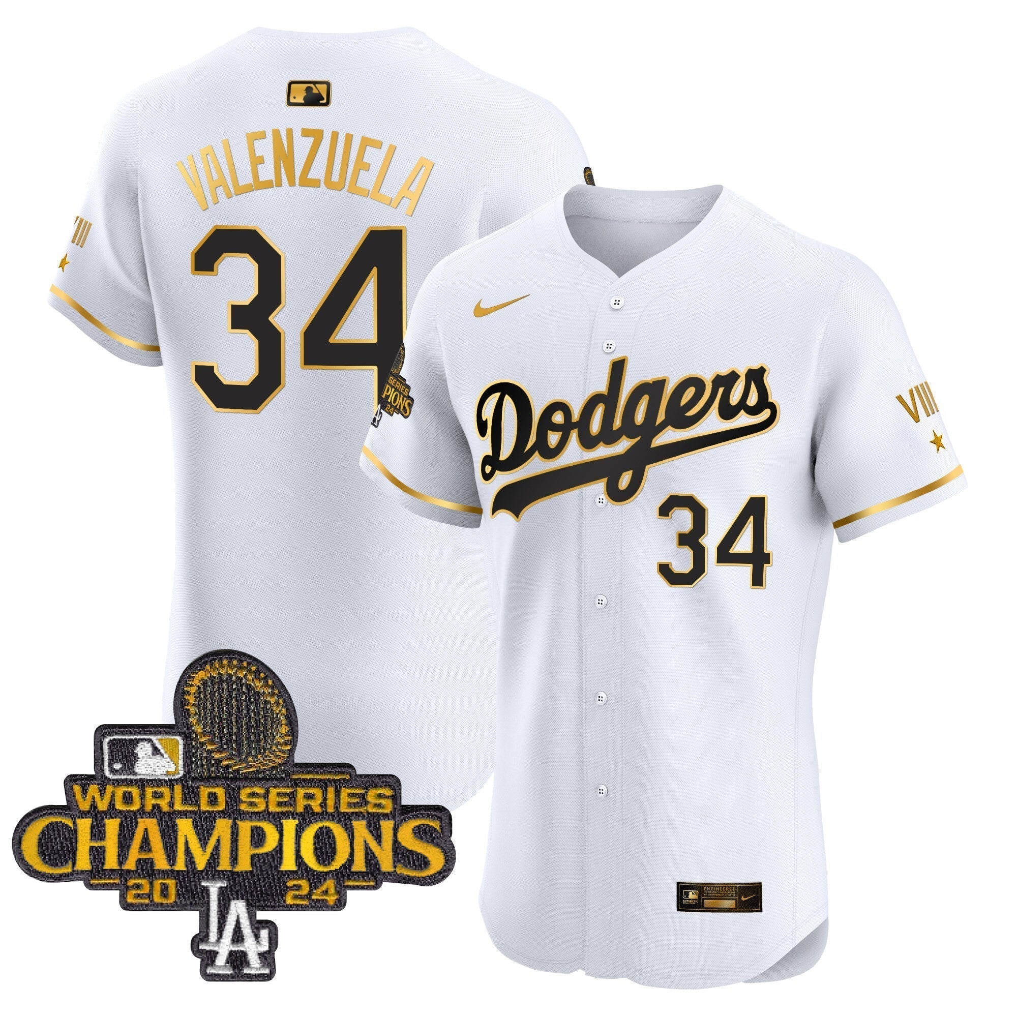 Dodgers 2024 World Series Champions Gold Trim Vapor Premier Elite Jersey V3 - All Stitched