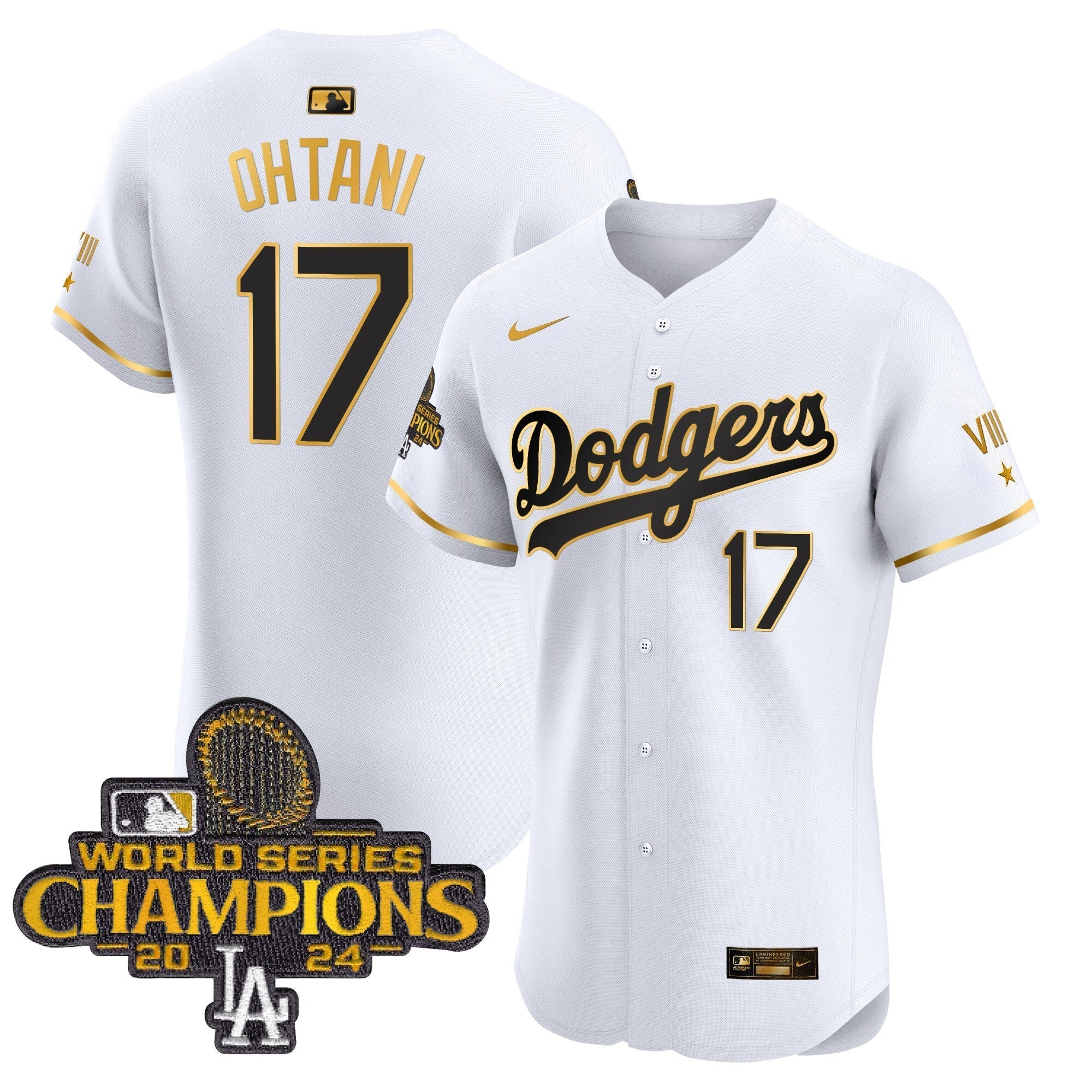 Dodgers 2024 World Series Champions Gold Trim Vapor Premier Elite Jersey V3 - All Stitched