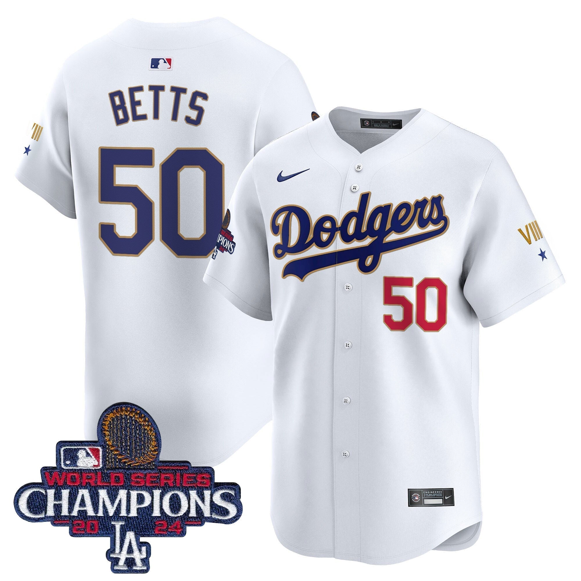 Dodgers 2024 World Series Champions Gold Trim Vapor Premier Limited Jersey - All Stitched