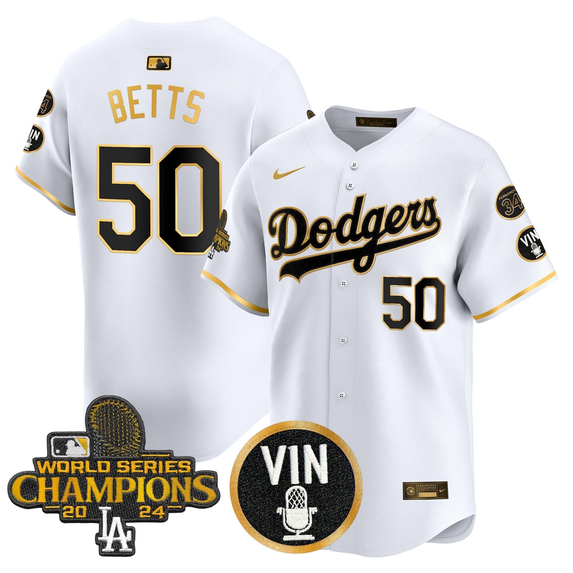 Dodgers 2025 Vin Scully & #34 Fernando Patch Gold Vapor Premier Limited Jersey - Stitched