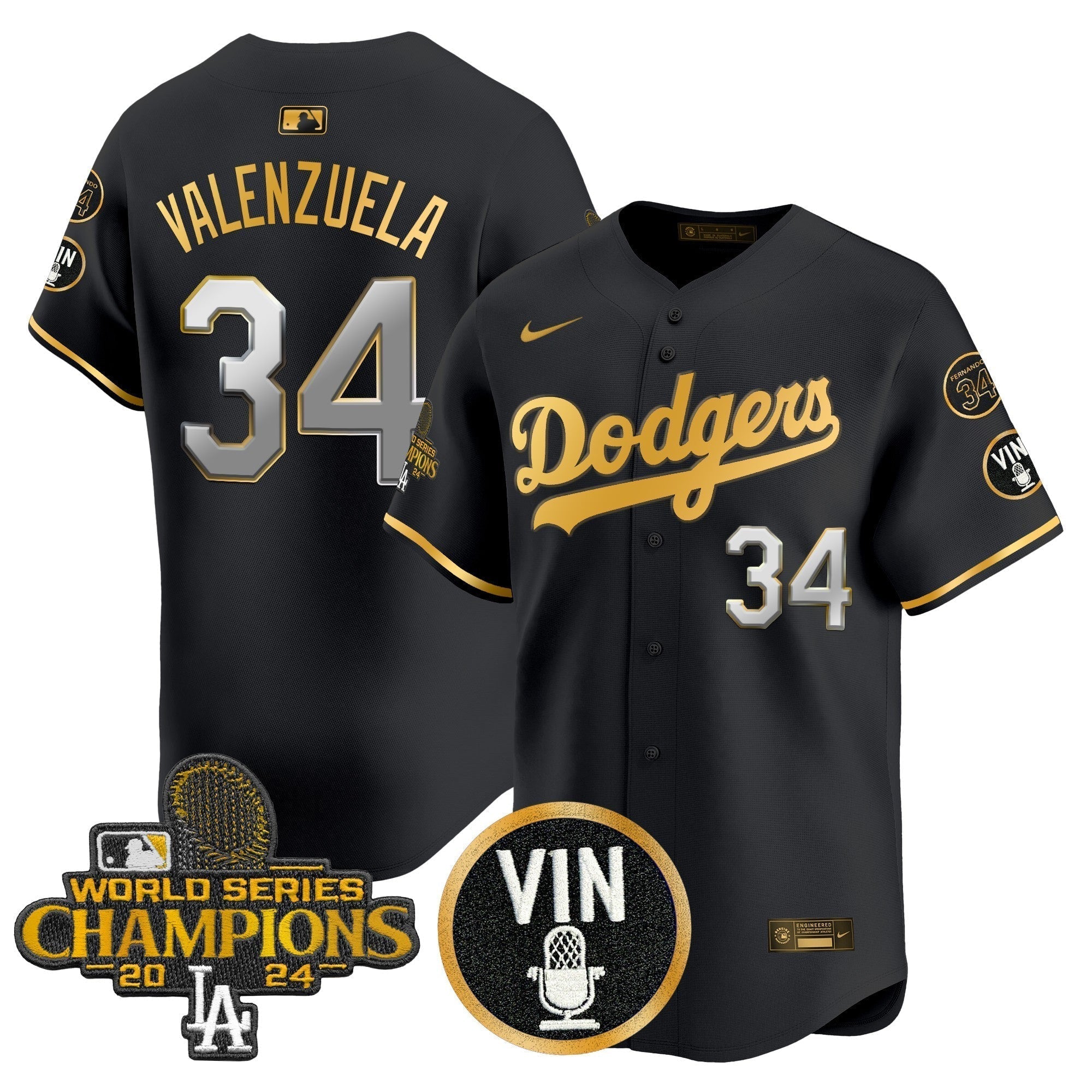 Dodgers 2025 Vin Scully & #34 Fernando Patch Gold Vapor Premier Limited Jersey - Stitched