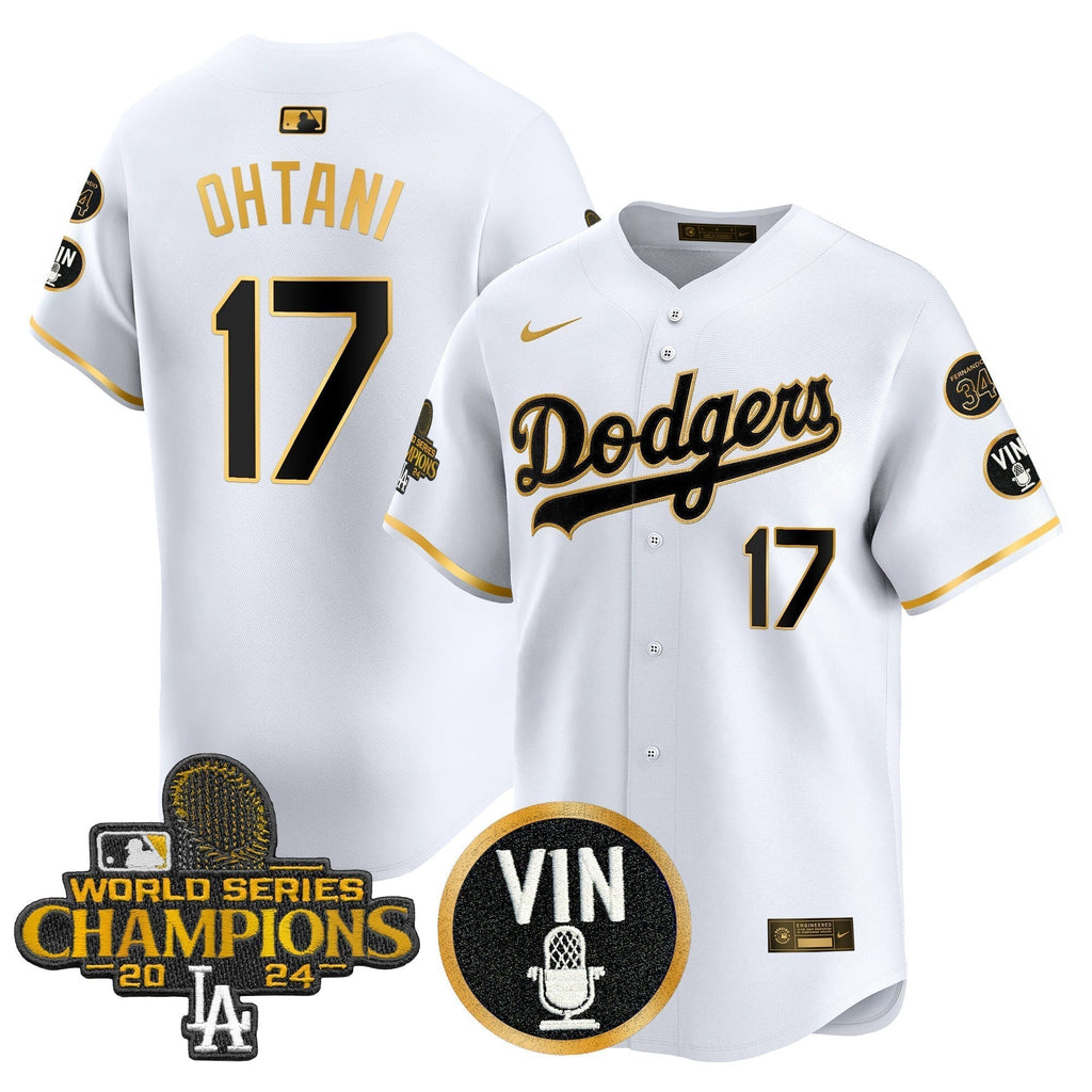 Dodgers 2025 Vin Scully & #34 Fernando Patch Gold Vapor Premier Limited Jersey - Stitched