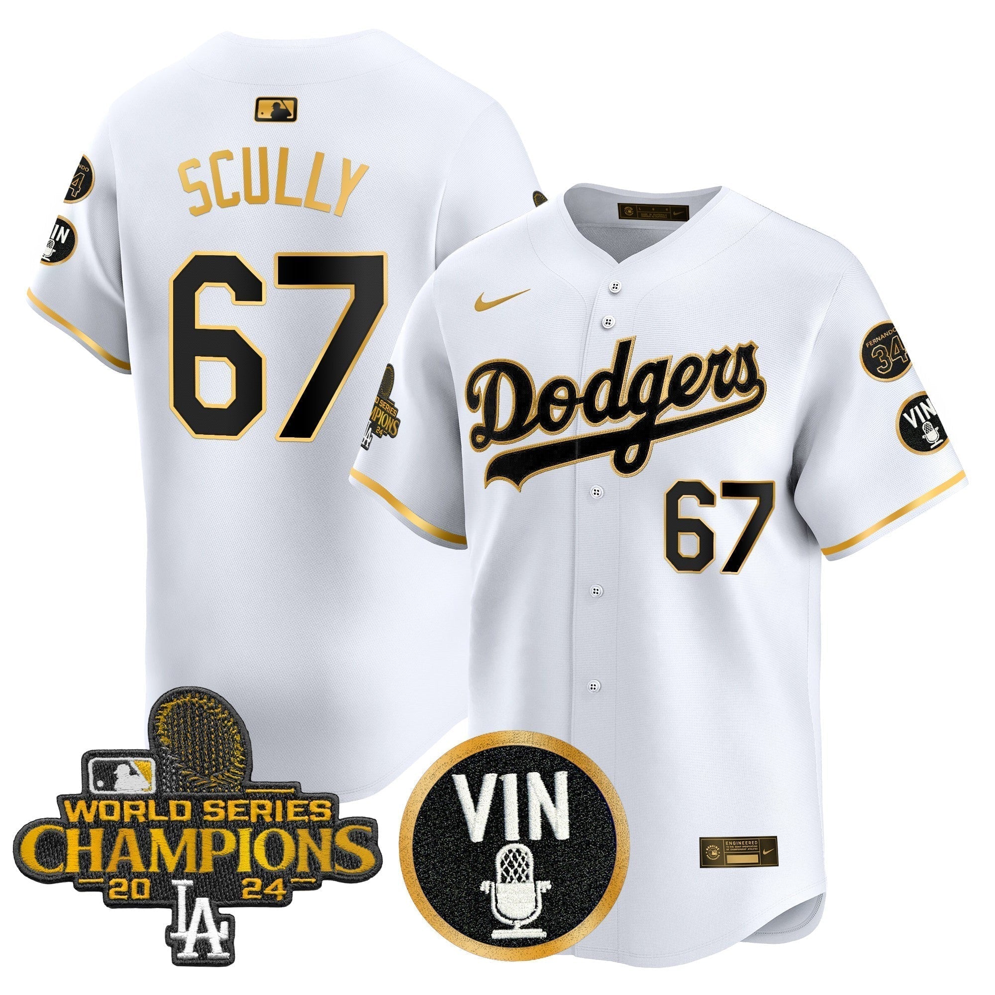 Dodgers 2025 Vin Scully & #34 Fernando Patch Gold Vapor Premier Limited Jersey - Stitched