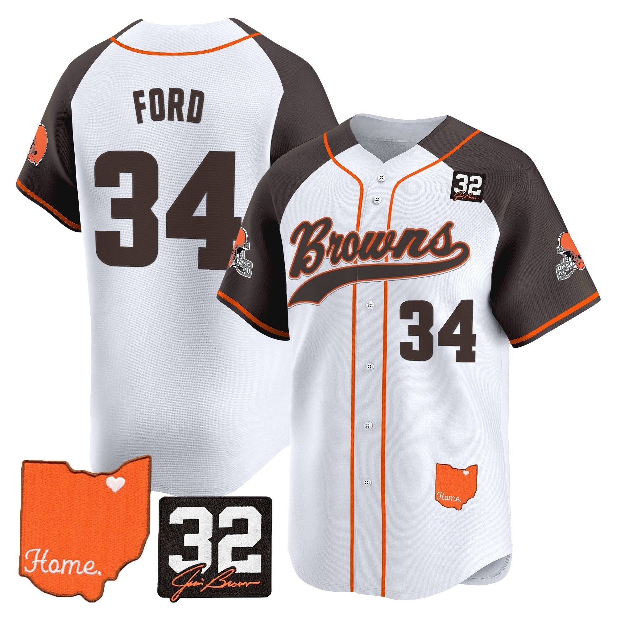 CLE '#32 Jim Brown Memorial & Home Patch' Vapor Baseball Jersey - Stitched