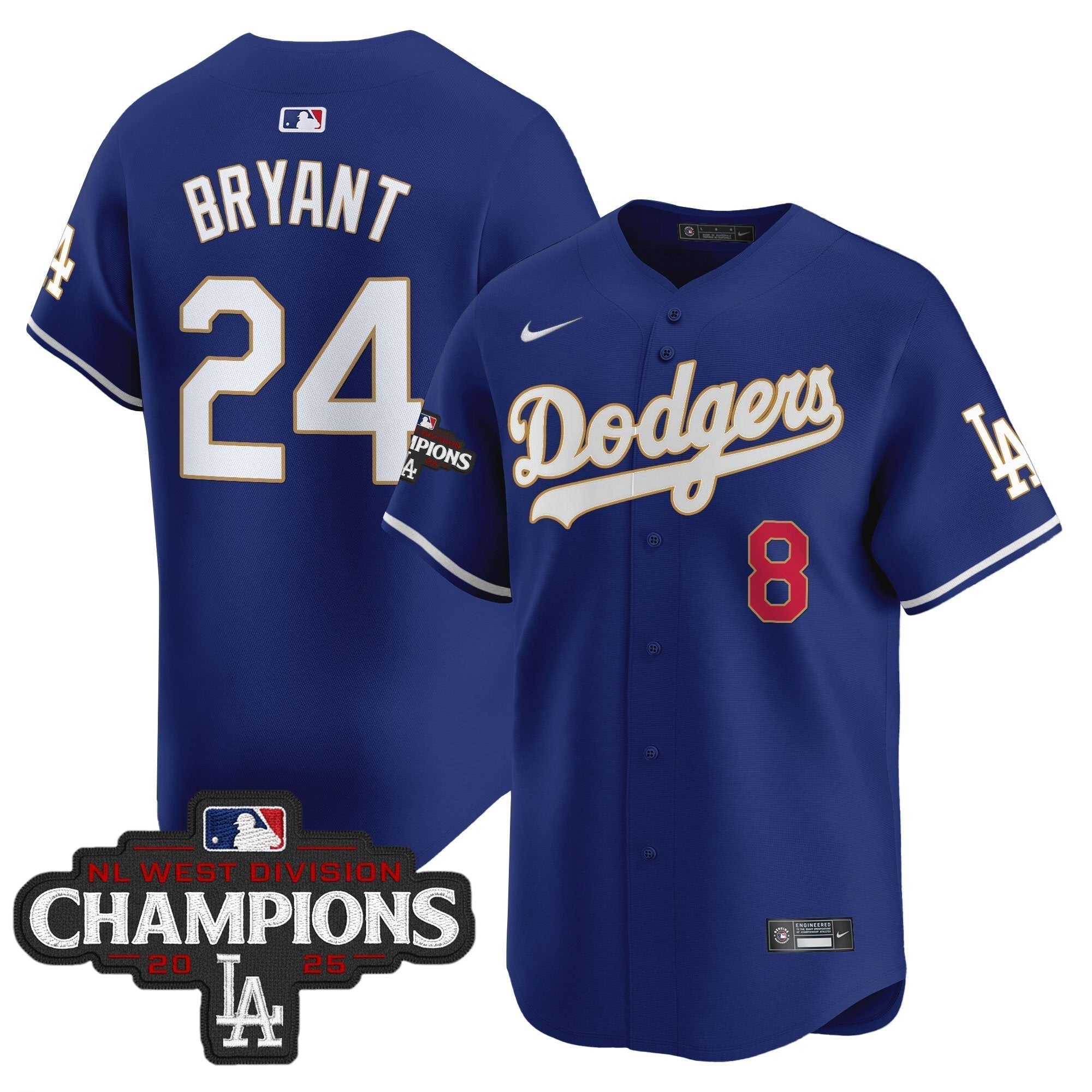 Dodgers 2025 NL West Division Champions Patch Gold Trim Vapor Premier Limited Jersey - Stitched