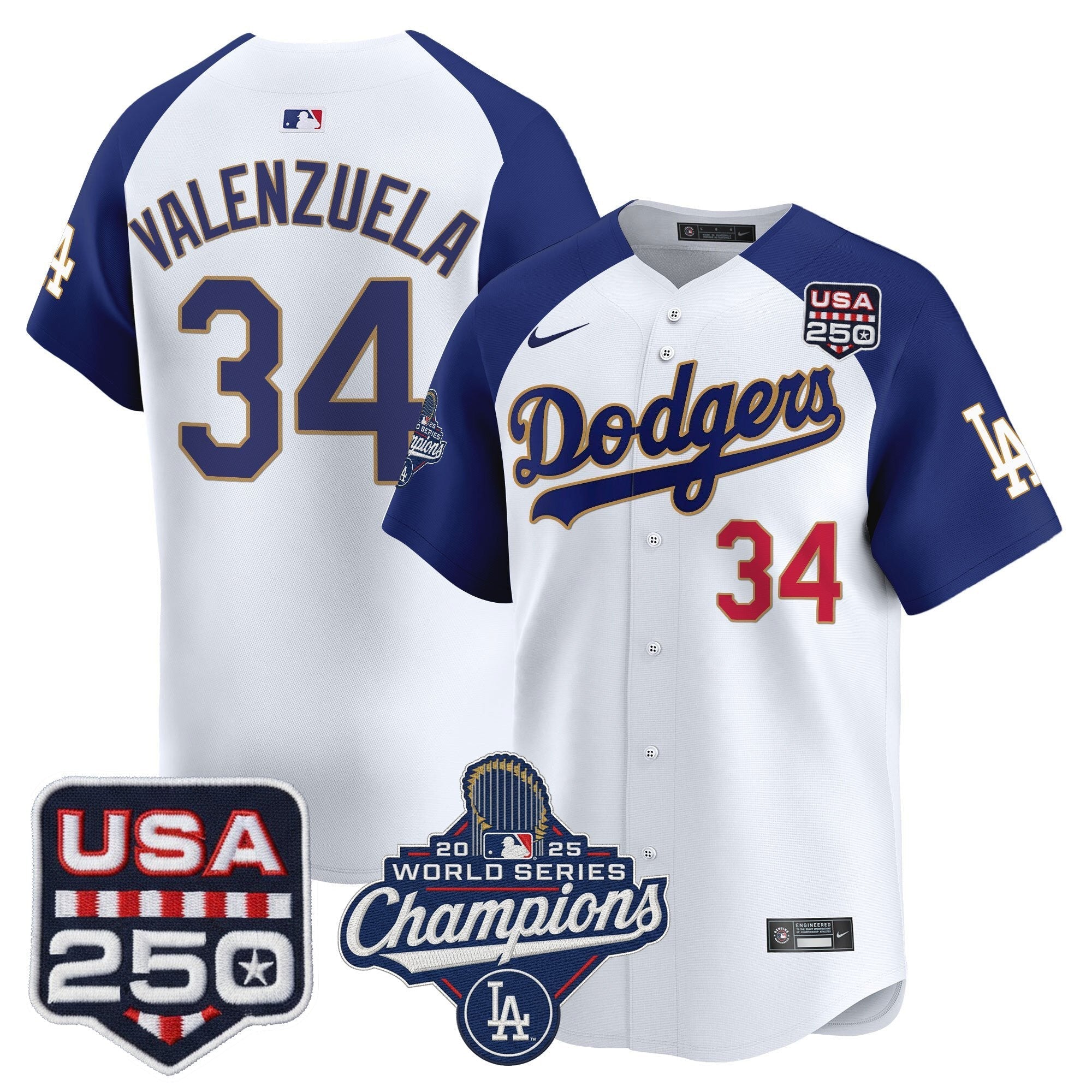 Dodgers 2025 World Series Champions & 250America Patch Vapor Premier Limited Jersey - Stitched