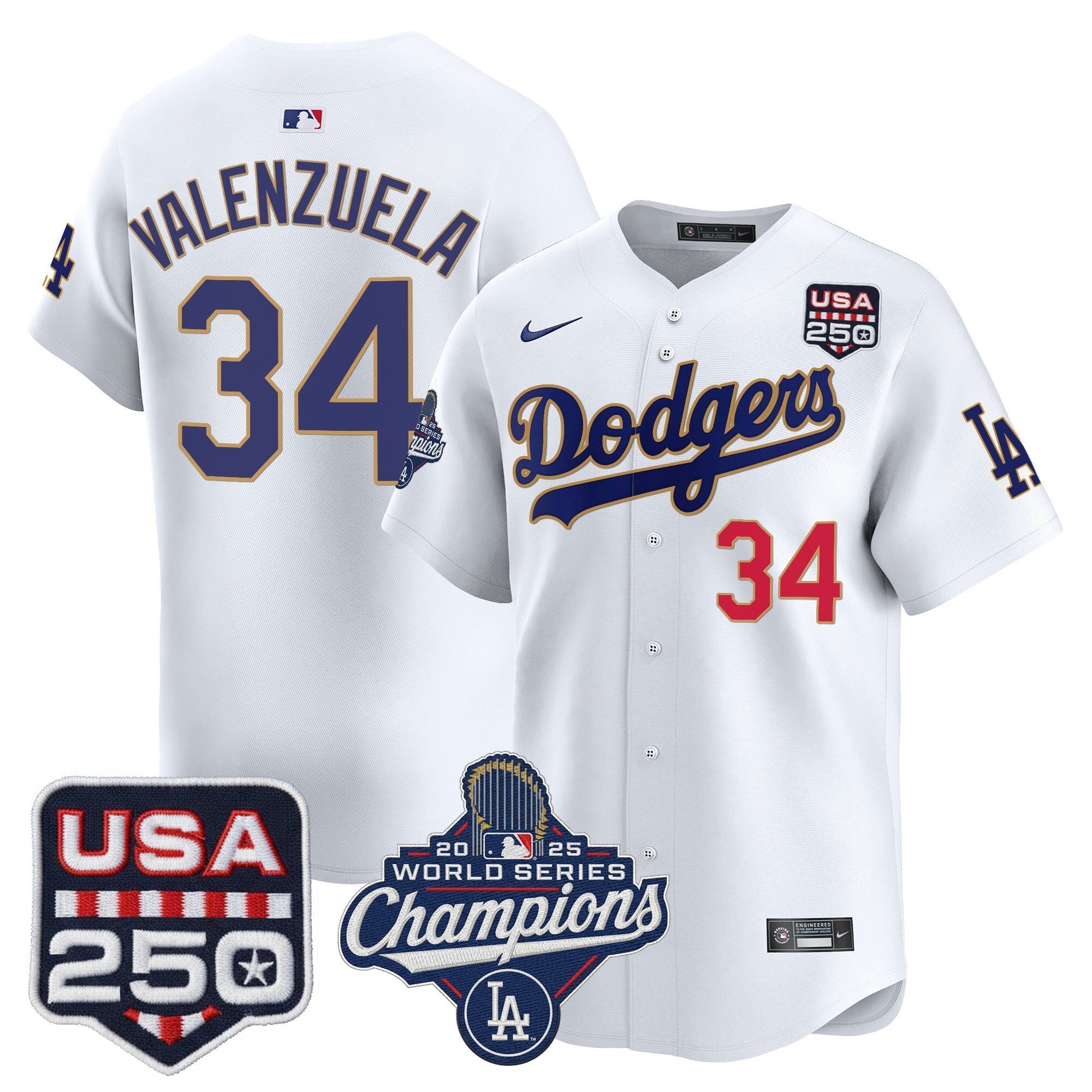 Dodgers 2025 World Series Champions & 250America Patch Vapor Premier Limited Jersey - Stitched