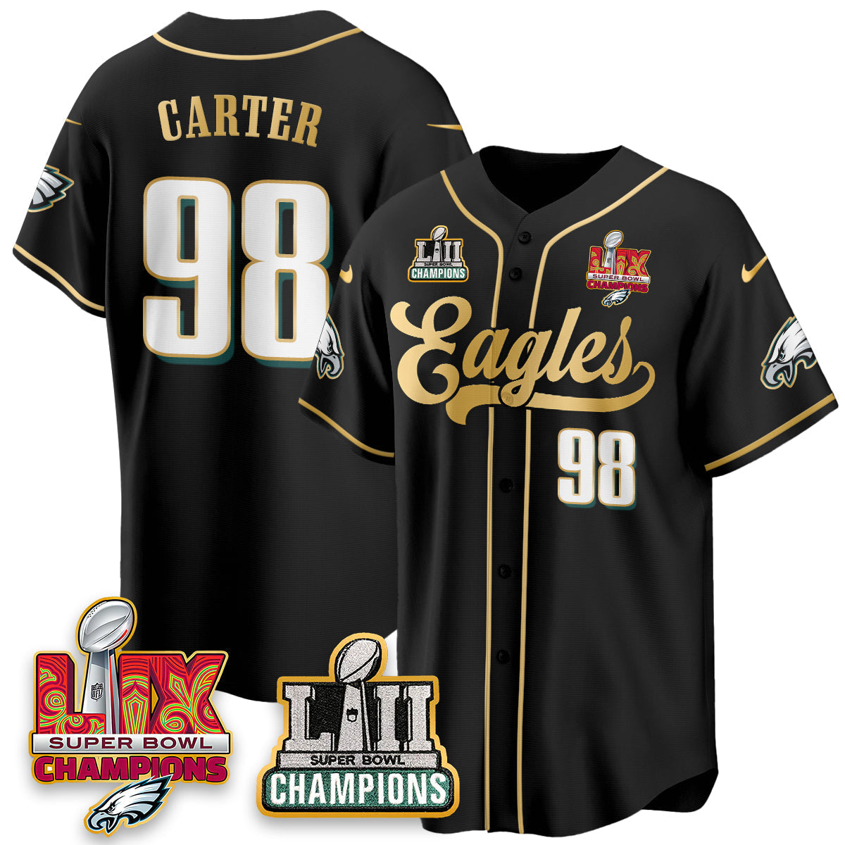 PHI LII-LIX Super Bowl Champions Vapor Limited Gold Baseball Jersey - Stitched