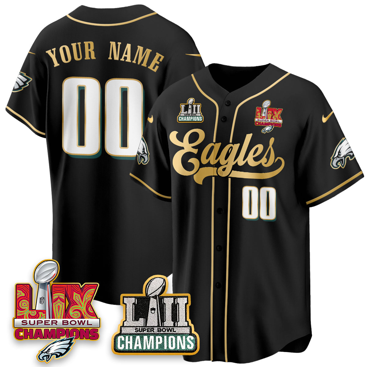 PHI LII-LIX Super Bowl Champions Vapor Limited Gold Baseball Jersey - Stitched