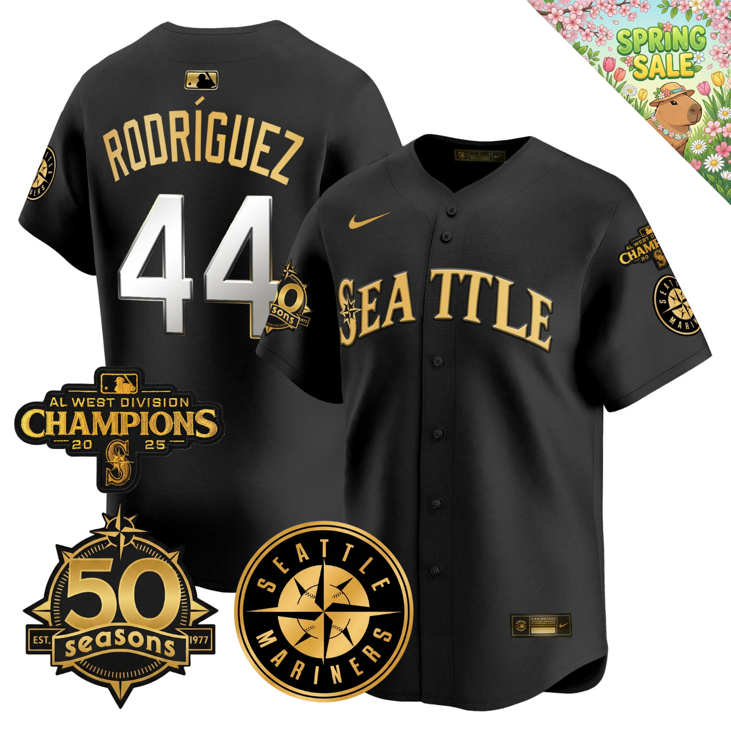 SEA Vapor Limited Gold Jersey - 50th Anniversary & 2025 AL West Champs Patch - Stitched