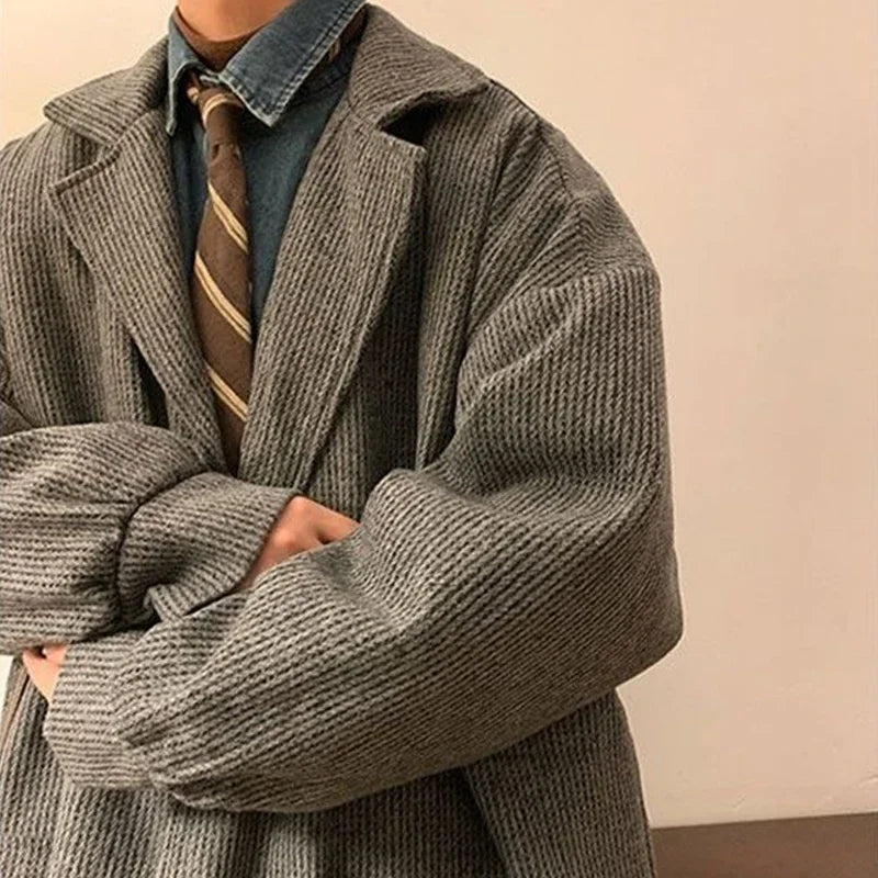 Preppy Woolen Coat Winter New Oversize Mid Length Lapel Button Windbreaker Retro Versatile Big Pocket Tops Techwear Men Clothing